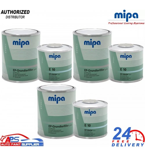 3x MIPA EP-GRUNDIERFILLER 2K EPOXY PRIMER WITH E10 FAST HARDENER 1.5LTR KIT